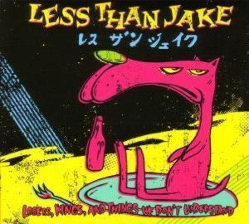 "Album cover art featuring a cartoon pink creature with a bottle on a table."