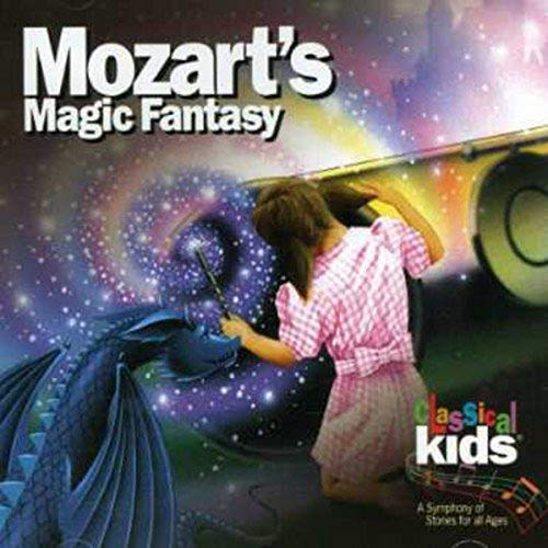 CD cover: child with dragon, magical scene, “Mozart’s Magic Fantasy” text.