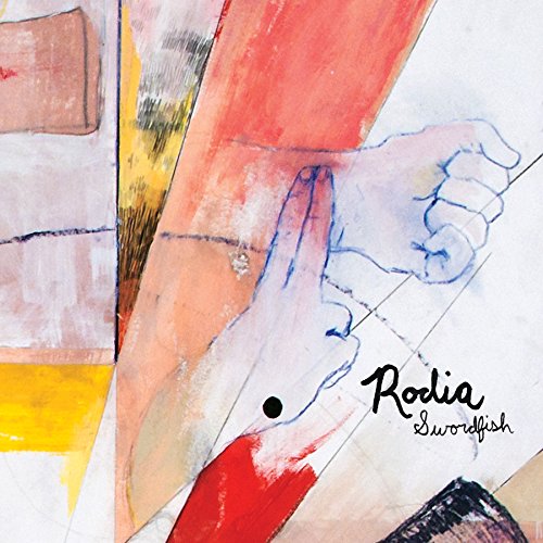 "Album cover art: abstract shapes, hand drawing, 'Rodia Swordfish' text in black cursive."