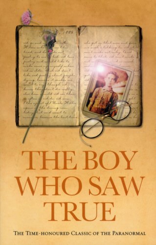 Book cover with vintage diary, photo of a boy, and glasses on orange background.