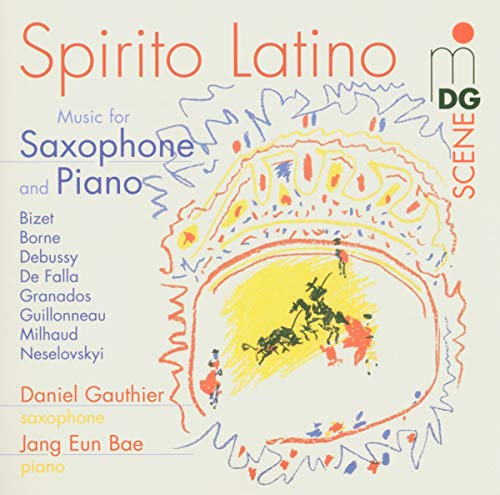 CD cover for "Spirito Latino" featuring saxophone and piano music.
