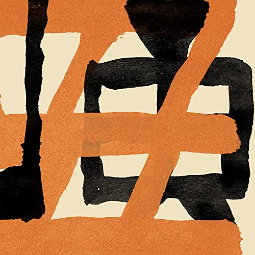Abstract album art with bold orange and black brushstrokes on cream.