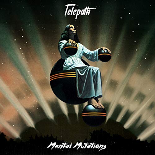 Album cover: woman seated on spheres, cosmic background, “Telepath” and “Mental Mutations”.