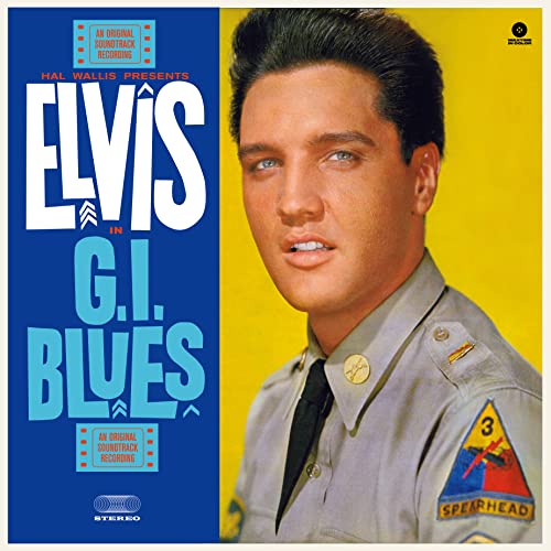 Album cover for Elvis Presley’s “G.I. Blues” featuring Elvis in uniform.