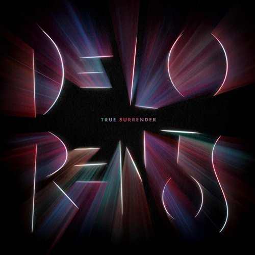 "Album cover with 'Delorentos' in neon-lit letters and 'True Surrender' in small text."