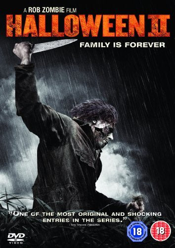 "Halloween II DVD cover featuring a man with a knife in a dark, rainy scene."