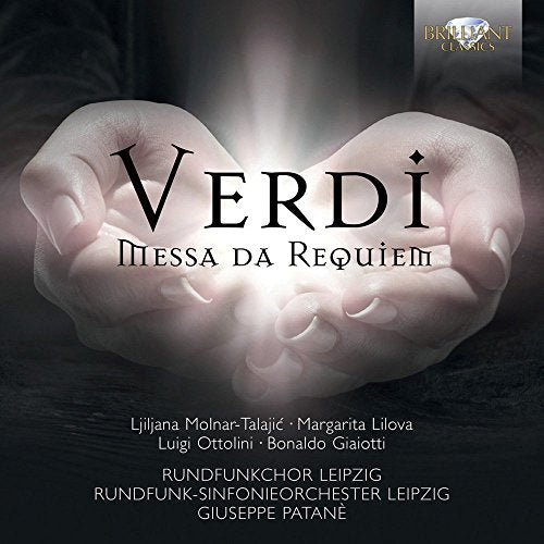 "CD cover with cupped hands holding a glowing light, featuring 'Verdi Messa da Requiem'."