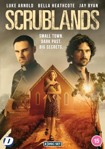 DVD cover for Scrublands featuring three characters, a church, and a dusty landscape.