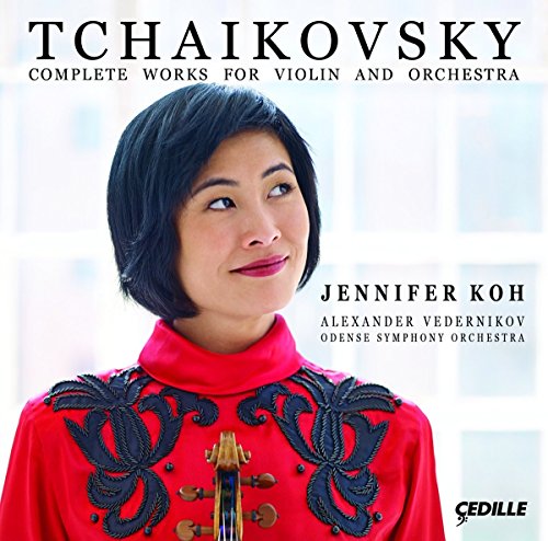 CD cover featuring a woman in red with a violin, titled "Tchaikovsky".