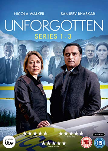 "Image shows DVD cover for 'Unforgotten Series 1-3' with main characters and crime scene tape."