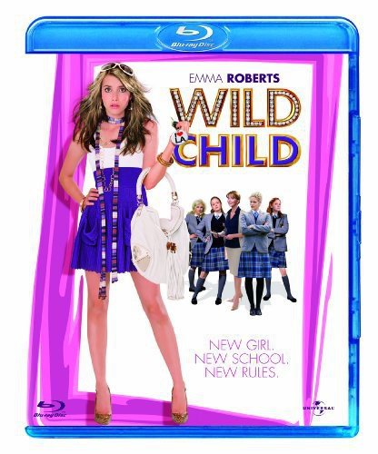 "Blu-ray case with 'Wild Child' movie cover featuring Emma Roberts in a purple dress."