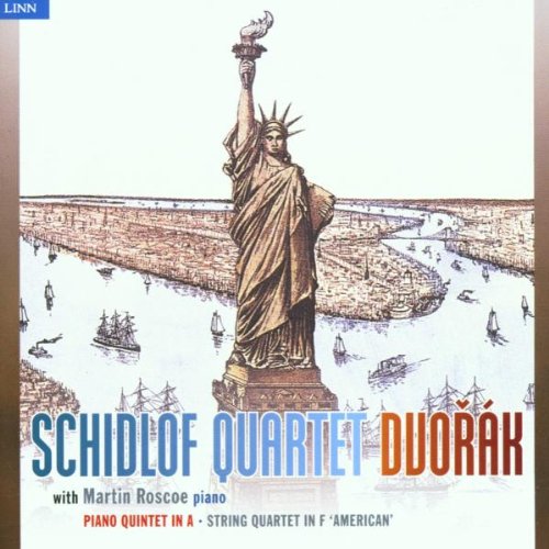 "CD cover featuring the Statue of Liberty, with text 'Schidlof Quartet Dvorak'."