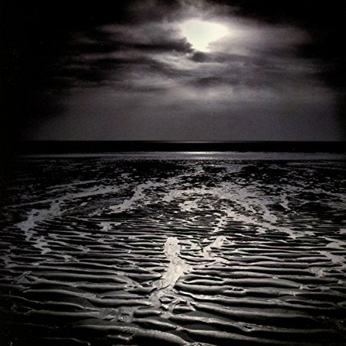 Black and white photo of a beach under a bright, cloudy moon.