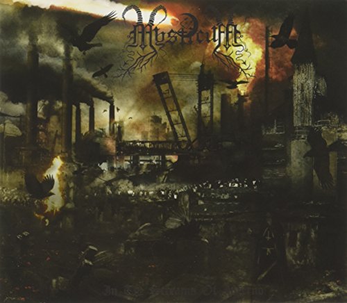Dark industrial landscape album cover with burning buildings, crows, and stylized band name "Mysticum".
