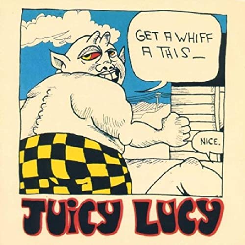 Cartoon gorilla with a speech bubble, album cover for “Juicy Lucy”.