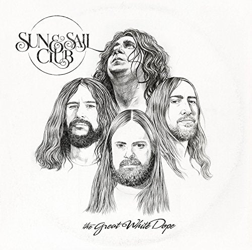 Black and white sketch of four long-haired men, album cover art.