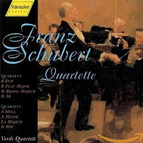 CD cover for Schubert string quartets featuring a painting of musicians.