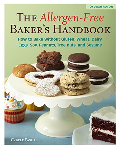 Cookbook cover featuring allergen-free vegan baked goods on a cake stand.