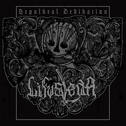 Black and grey ornate skull and floral design with band name "Lifvsleda".