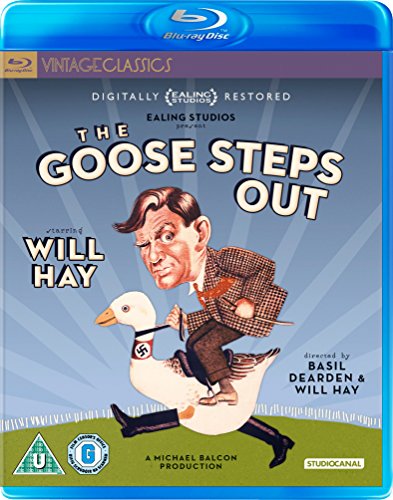 Blu-ray cover for "The Goose Steps Out" featuring a man riding a goose.