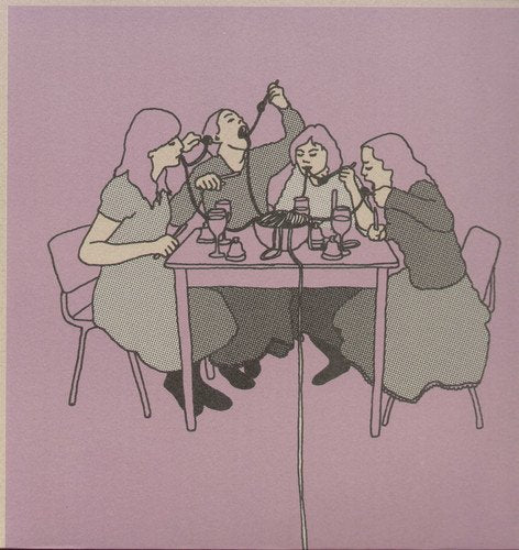 Illustration of people eating around a table, pink and gray tones.