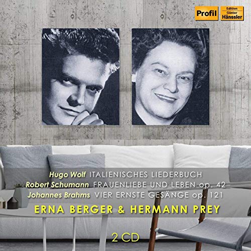 "CD cover with black and white portraits of a man and woman above a sofa."