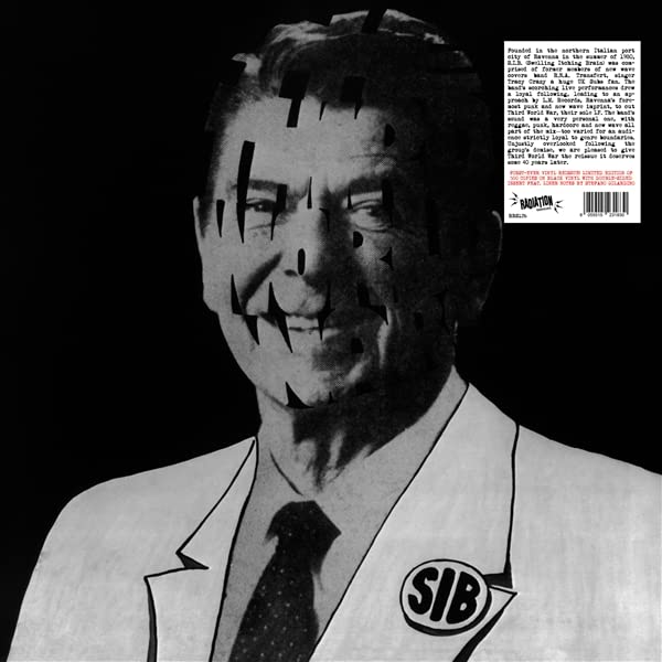 Black and white vinyl record cover featuring a distorted portrait of Ronald Reagan.