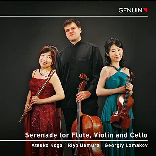 Three musicians with flute, cello, and violin, album cover art.
