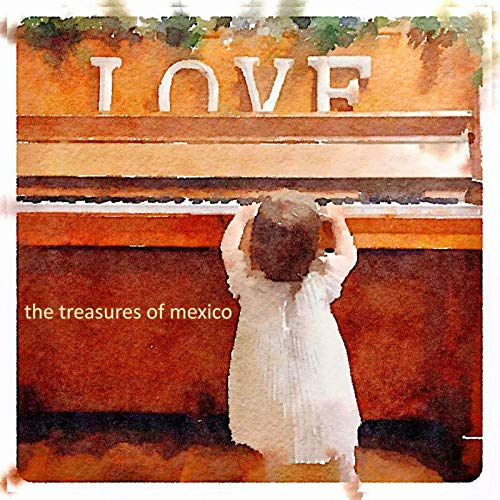 A child in white stands before a piano with "LOVE" written above it.