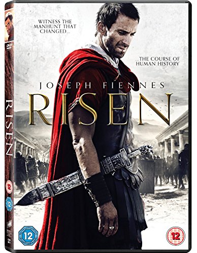 DVD case for "Risen" featuring a man in Roman attire with a red cape.