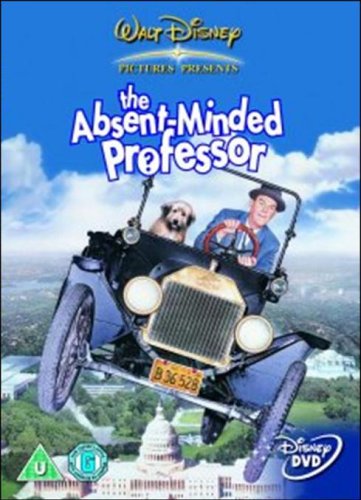 DVD cover for "The Absent-Minded Professor" featuring a man and dog in a flying car.