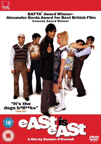 "DVD cover for 'East Is East' featuring a group of people in casual clothing."