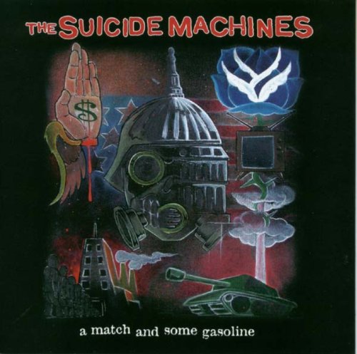 "Album cover art for 'The Suicide Machines - A Match And Some Gasoline' featuring surreal, dystopian imagery."