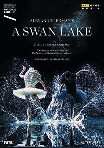 Swan Lake DVD cover featuring two ballet dancers amidst water splashes.