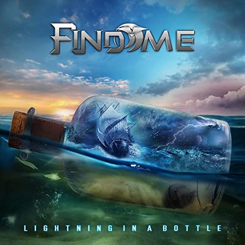 CD cover: ship in a bottle with stormy sky and sunset.