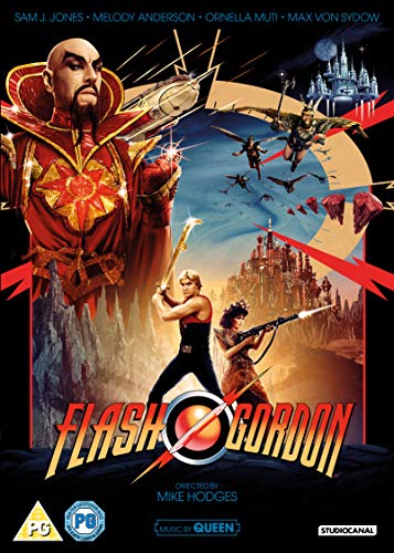 Flash Gordon" DVD cover with Ming the Merciless, spaceships, and heroes.