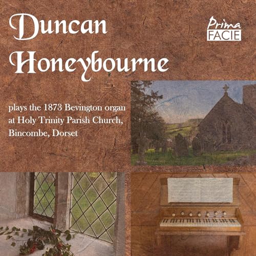CD cover featuring church, organ console, and stained glass window.
