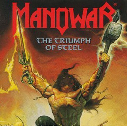 "Manowar album cover featuring a muscular man holding swords amidst fiery background."