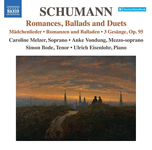 "CD cover with a painting of a landscape at dusk, featuring church spires and figures."