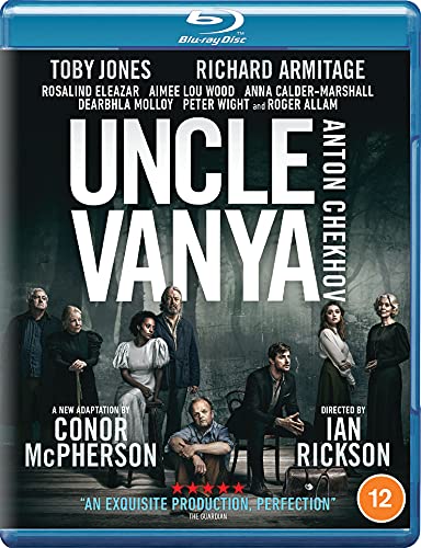 "Blu-ray case with 'Uncle Vanya' cover, featuring cast and director, against a dark background."
