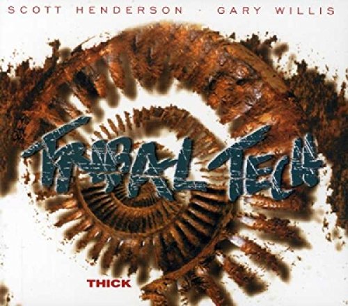 "Album cover featuring a spiral fossil with 'Techtribal' in blue, 'Thick' in red below."