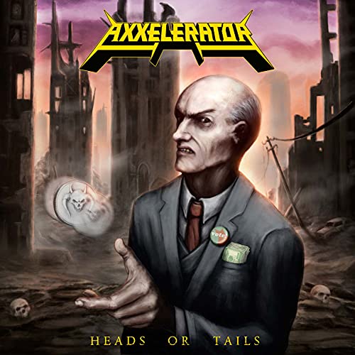CD cover: man in suit before ruined city, floating head.