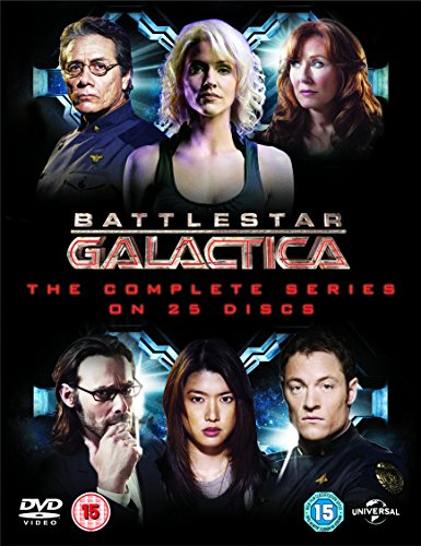 "Battlestar Galactica DVD cover featuring six main characters against a dark, starry background."