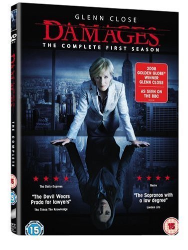 "DVD case for 'Damages' Season 1, featuring Glenn Close in a white suit."