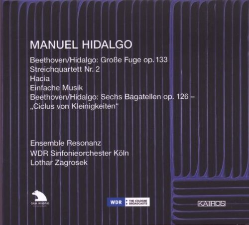"CD cover with dark blue, curved lines and white text listing musical compositions and artists."