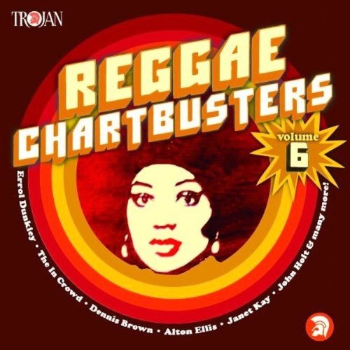 "Album cover with cartoon woman's face, red background, and 'Reggae Chartbusters' text."