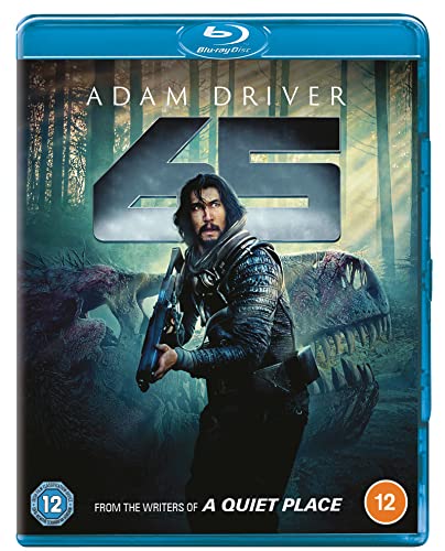 Blu-ray cover for “65” featuring Adam Driver with dinosaur creatures.
