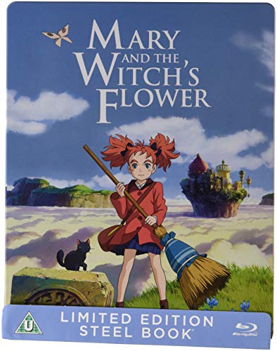 "Steelbook cover featuring a girl with red hair holding a broom, with a black cat nearby."