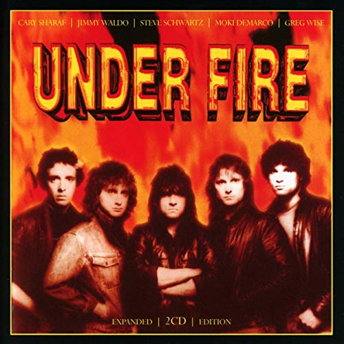 "CD cover featuring the band 'Under Fire' with five men against a fiery background."