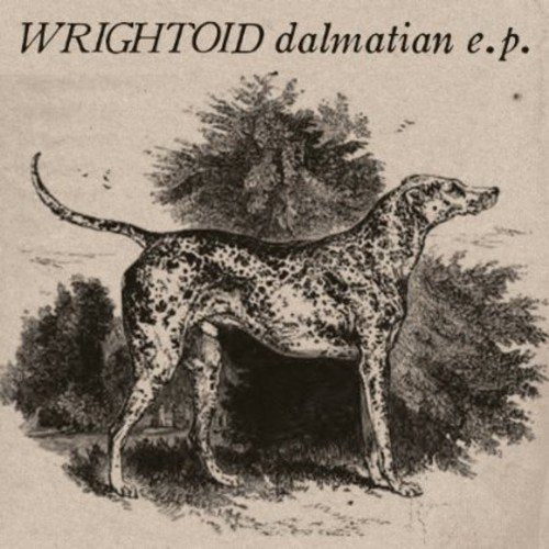 "Black and white illustration of a spotted dog standing outdoors with trees in the background."